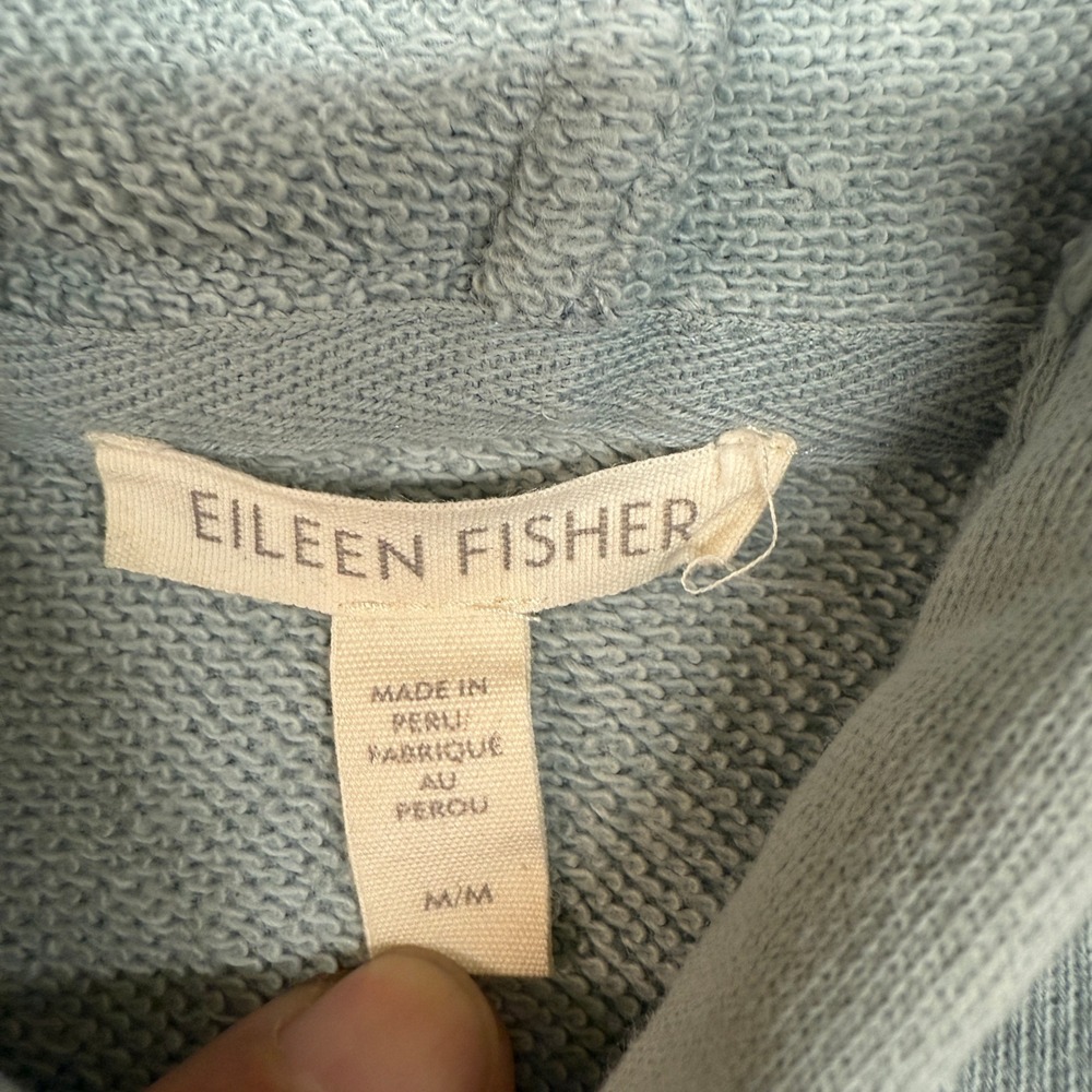 Eileen Fisher Hoodie Sweatshirt Size Medium Blue Boxy Raw Hem French Terry Pullo - Picture 3 of 9